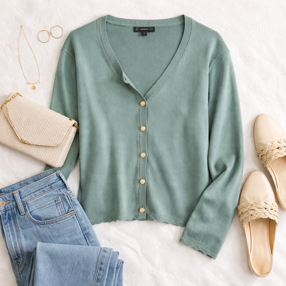 Adrianna Papell Sage Green V-Neck Button Cardigan - Picture 1 of 6